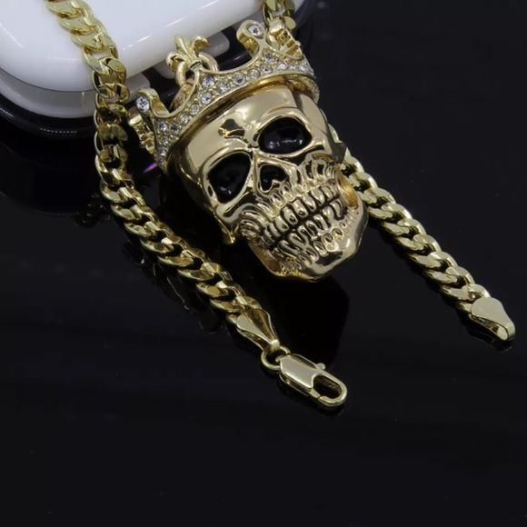 14K Iced Out Skull & 24” Cuban Link Chain - Picture 1 of 4